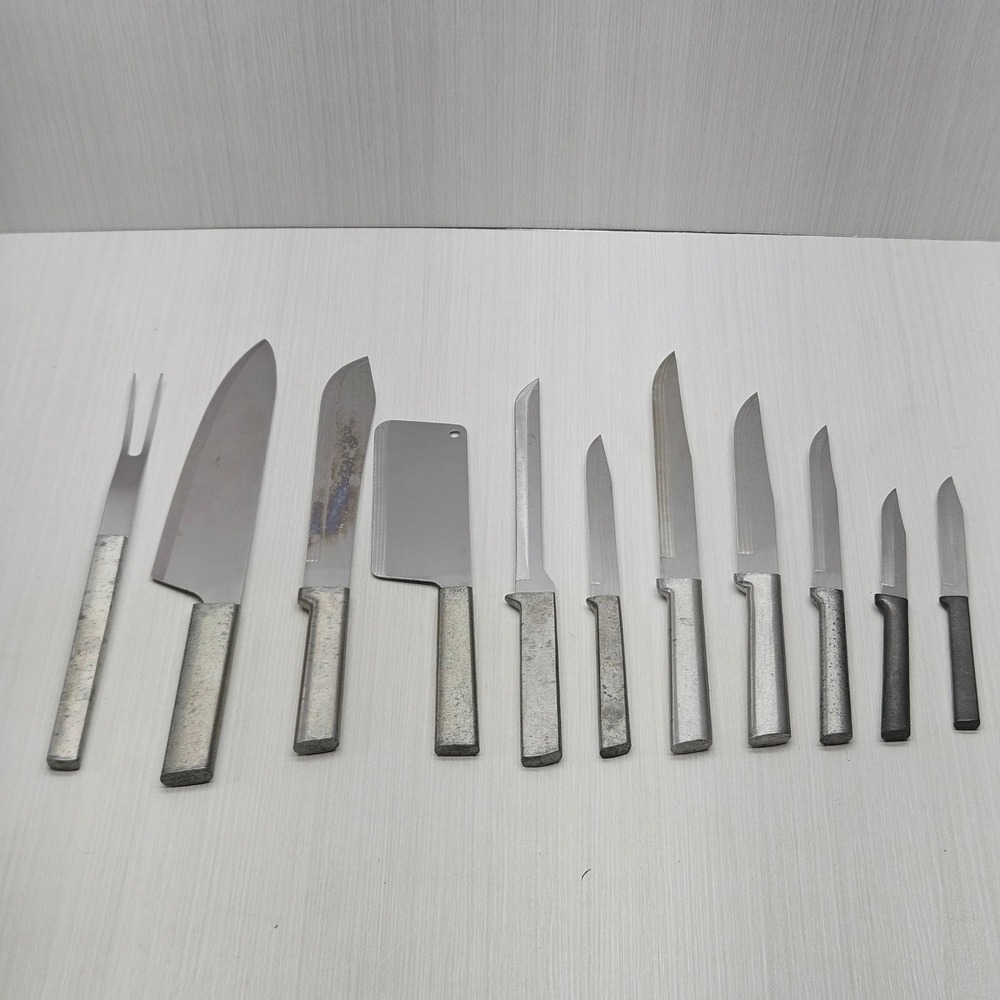 Vintage 11pc Industrial Textured Metal Handle Knife Set Cleaver Fork Utility Lot